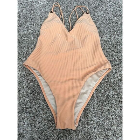 PacSun LA Hearts One Piece Women’s Swimsuit Peach Ribbed Strappy Low Cut Size M - Picture 3 of 7